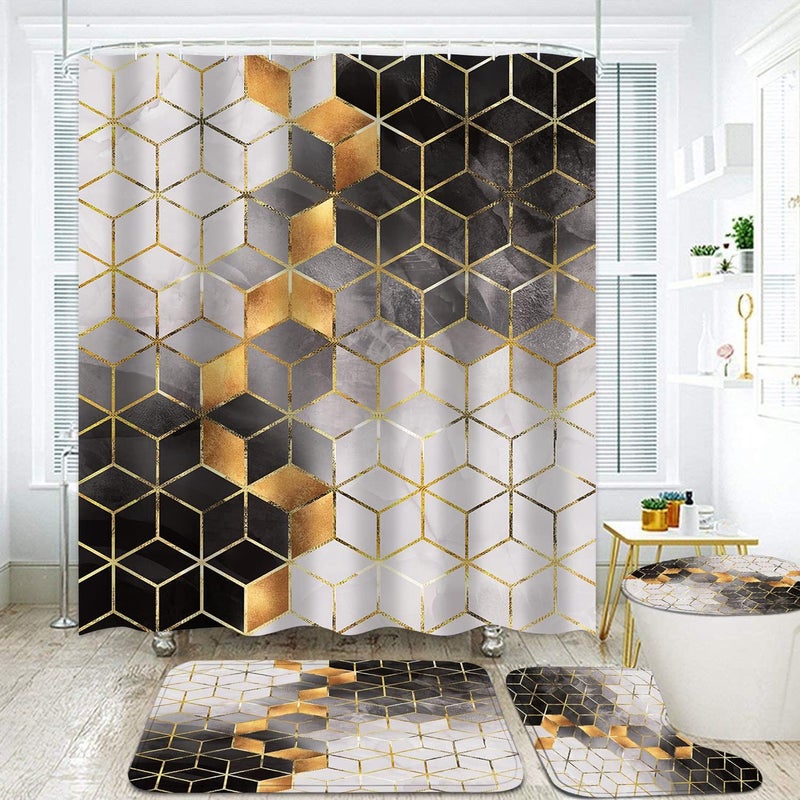 LQCOOL 4Pcs Black Gradient Shower Curtain Set,Black Marbling Golden Cubic Lines Bathroom Set Texture Modern Art Bath Accessories with Mats - Image 1